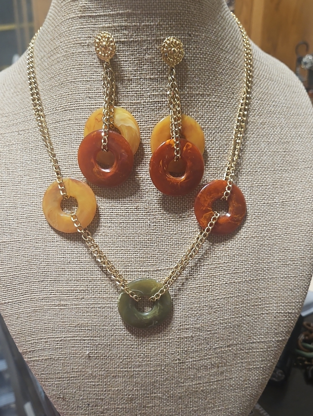 Avon Gold-Tone Necklace and Drop Earrings with Amber, Honey and Olive Donuts